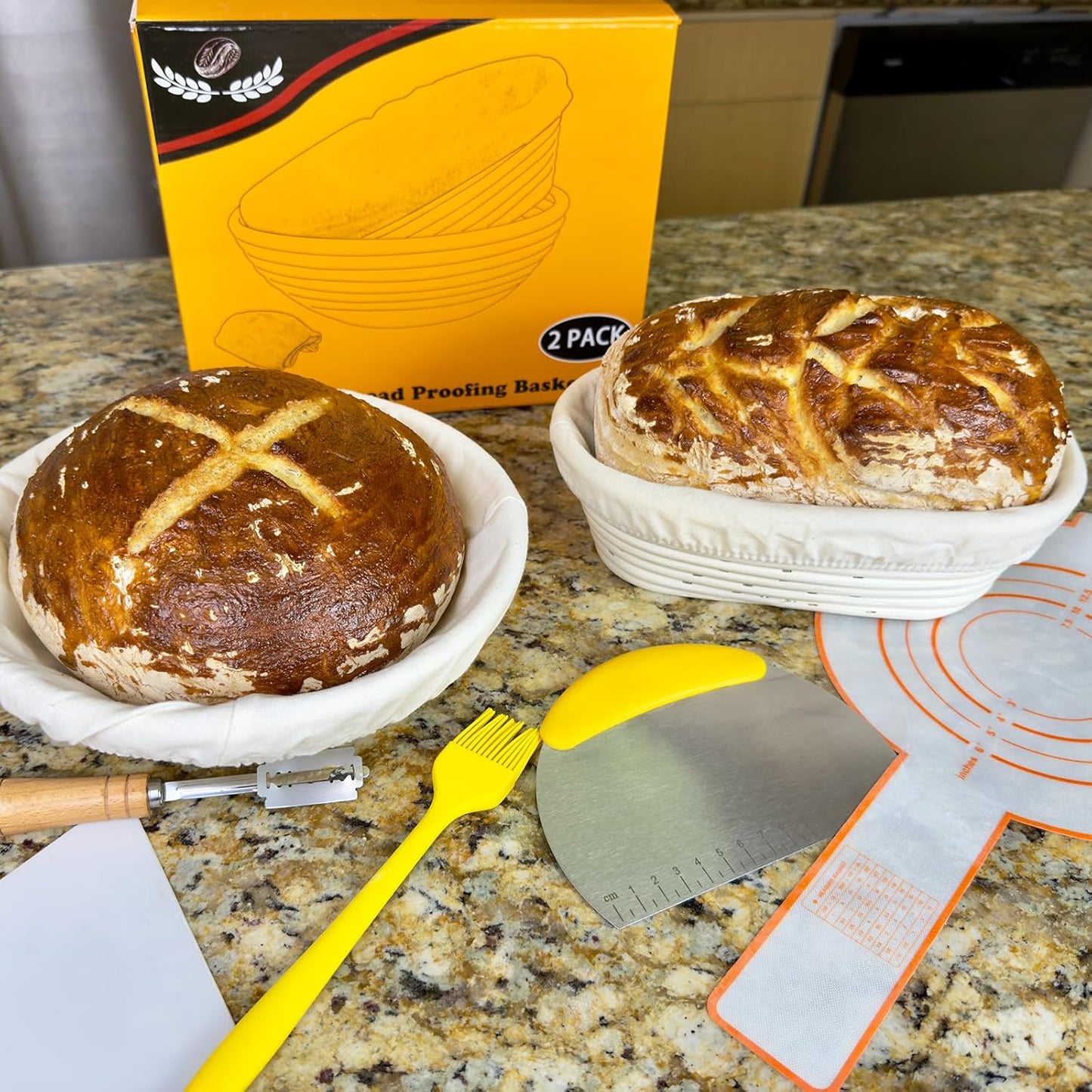 Banneton Basket Set of 2, 10" Oval & 9.7" Round Banneton Bread Proofing Basket with Liners, Bread Lame, Silicone Baking Mat, Danish Whisk, Brush, Proofing Bowls Sourdough Starter Kit Tools