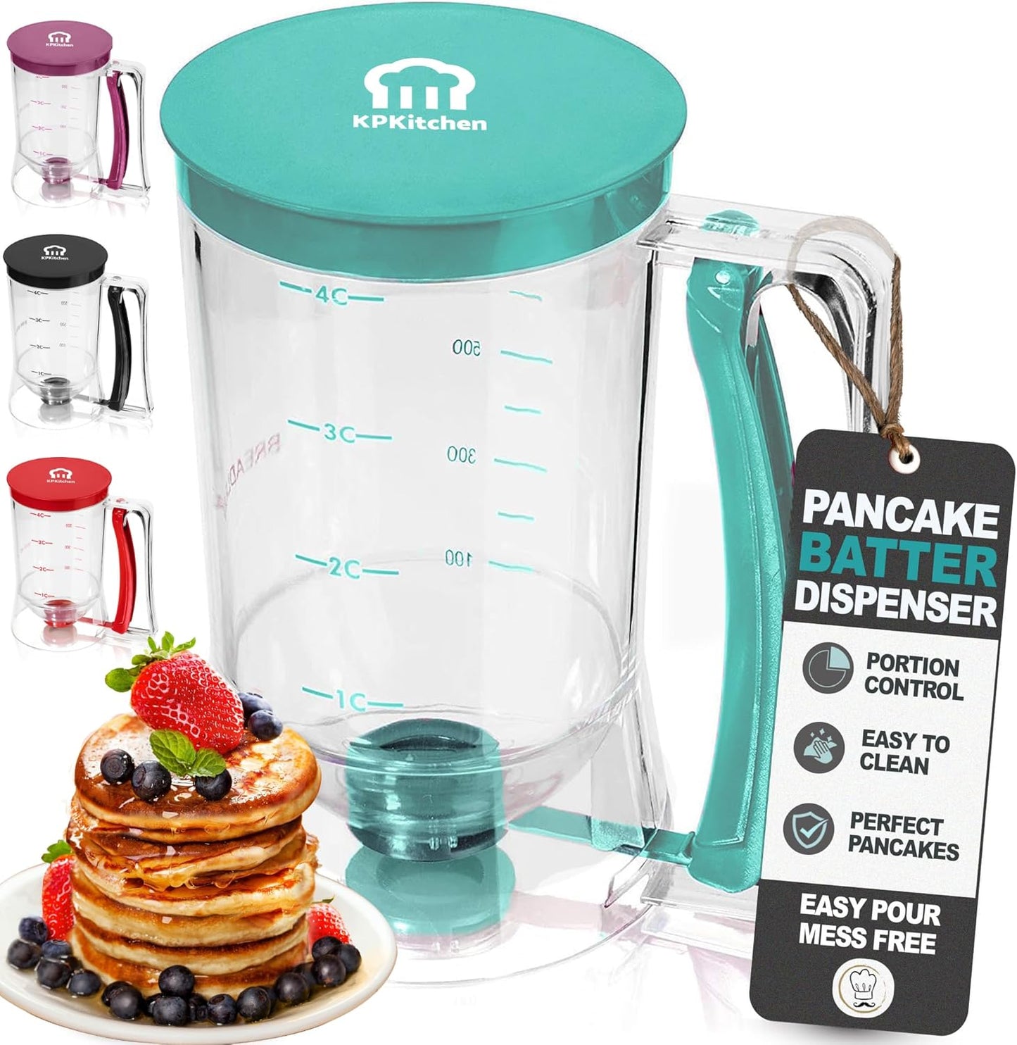 Pancake Batter Dispenser - Kitchen Must Have Tool for Perfect Pancakes, Cupcake, Waffle, Muffin Mix, Cake & Crepe - Easy Pour Baking Supply for Griddle - Pancake Maker with Measuring Label (Turquoise)