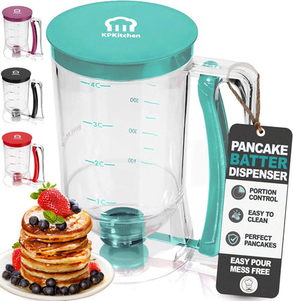 Pancake Batter Dispenser - Kitchen Must Have Tool for Perfect Pancakes, Cupcake, Waffle, Muffin Mix, Cake & Crepe - Easy Pour Baking Supply for Griddle - Pancake Maker with Measuring Label (Turquoise)