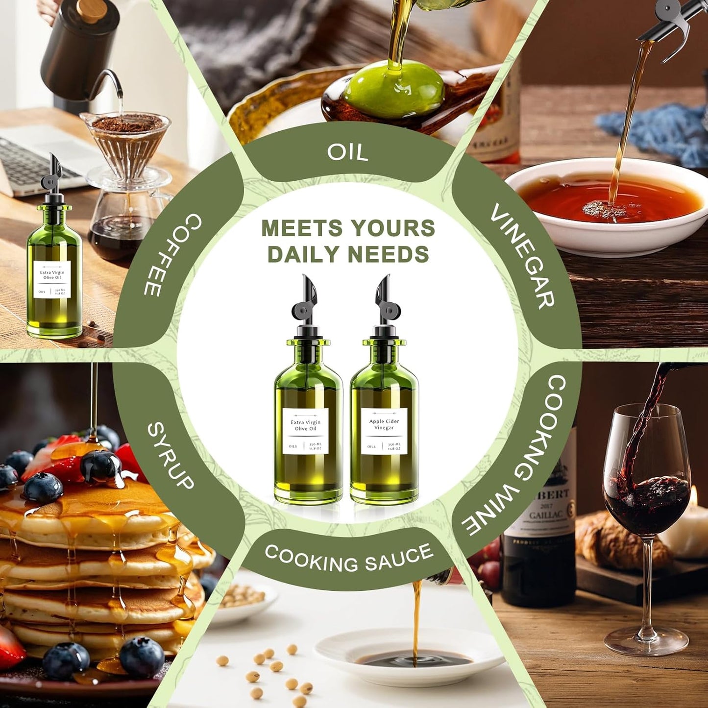 COOLMI Oil Dispenser for Kitchen - 12oz/350ml, Set of 2 Extra Thick Food Grade Glass Olive Oil Dispenser Bottle with Cleaning Brush, Stickers and Funnel (Gold)