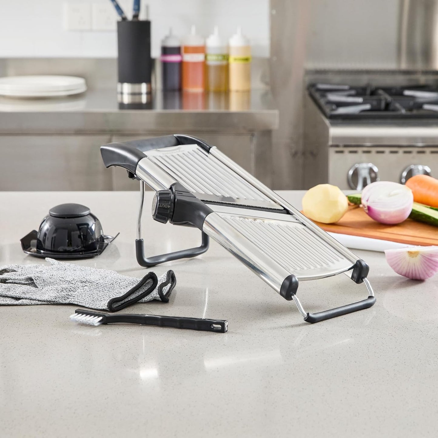 Restaurantware Stainless Steel Adjustable Mandoline Slicer - German Standard Vegetable Slicer with Blade Guard, Cut-Resistant Gloves, Cleaning Brush - Food Slicer for Potato, Onions, Cucumbers, Tomato