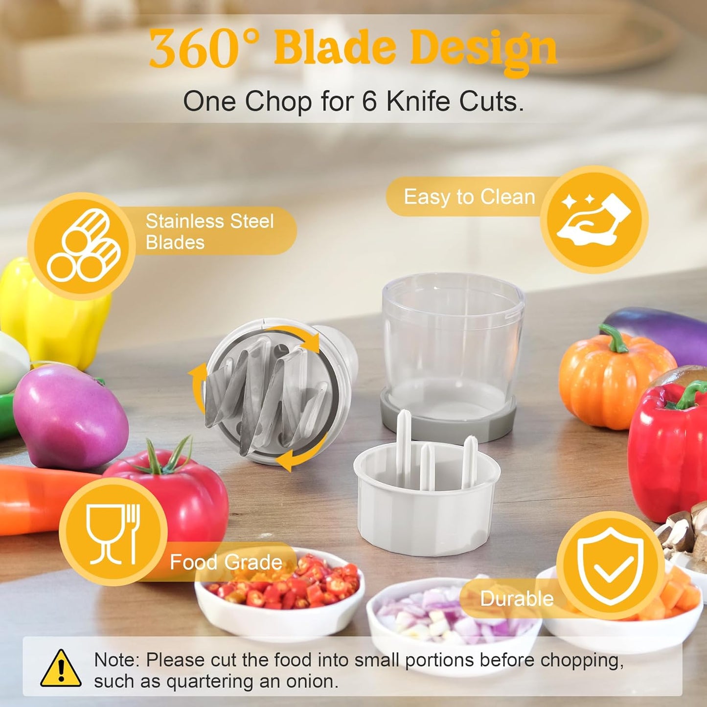 Food Chopper with Container – Manual Onion & Vegetable Chopper, 360° Stainless Steel Blades, Handheld Garlic Nut Veggie Cutter, Dishwasher Safe, Easy to Clean, White
