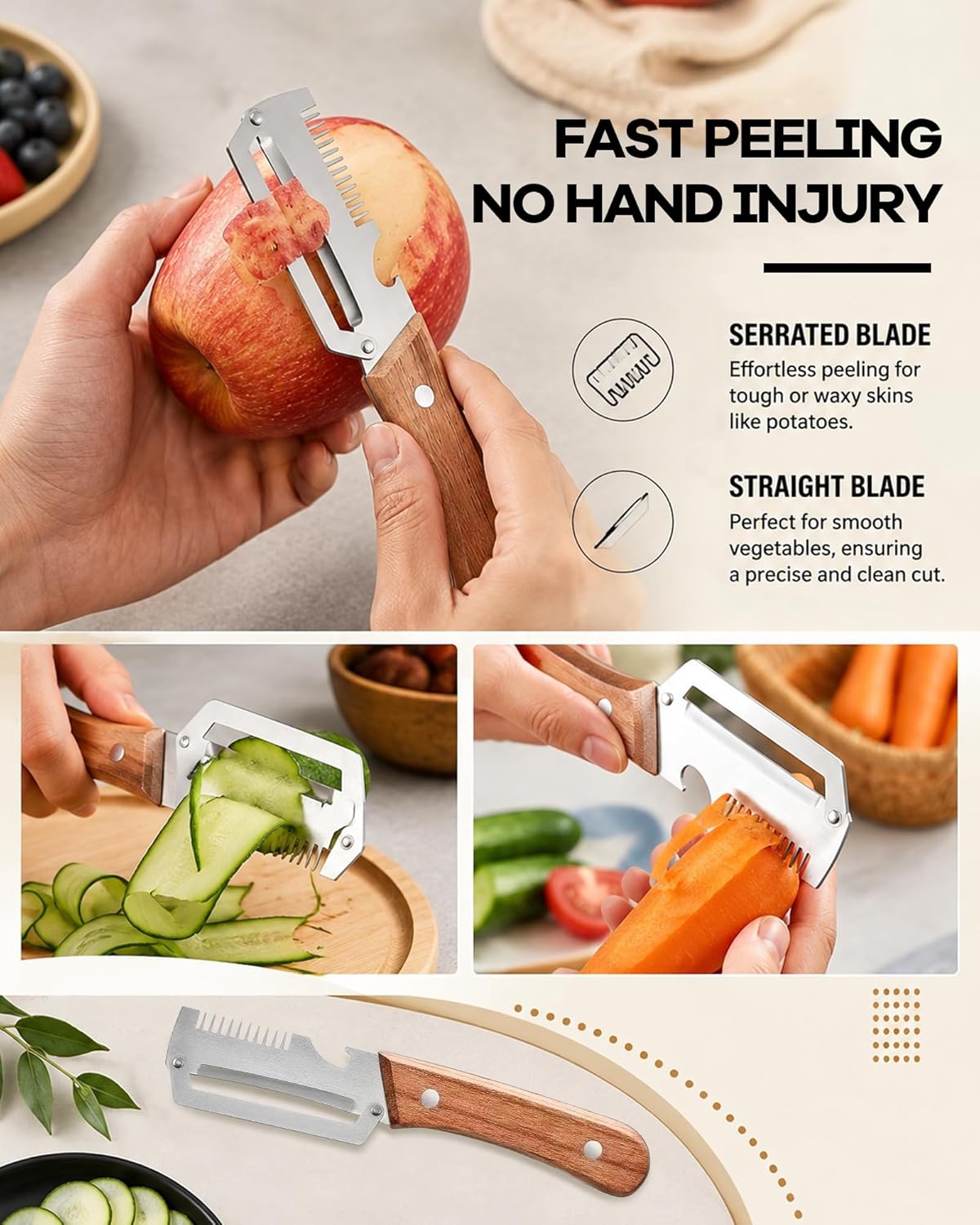 2 Pack Multi-Functional Stainless Steel Thickened Fruit Peeler Knife for Kitchen, Ultra-Sharp Blade with Wooden Handle and Bottle Opener, for Fruit Veggie that Need to Be Peeled
