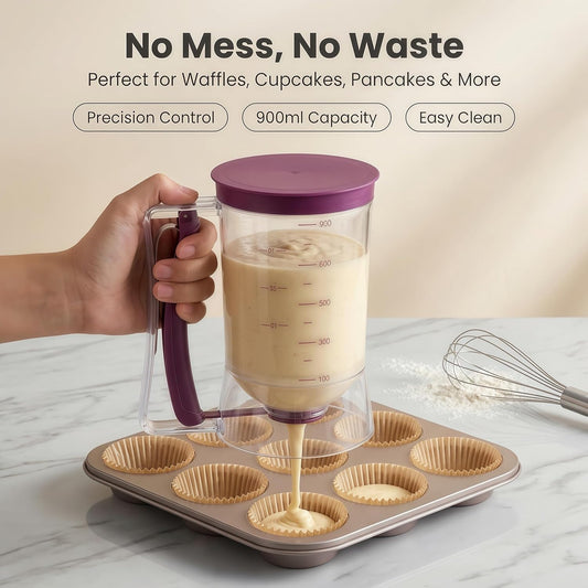 Pancake Batter Dispenser, 4-Cup Cupcake Batter Dispenser with Squeeze Handle & Measuring Marks & Easy Control, No-Drip Valve Baking Tool for Pancakes, Muffins, Waffles, Crepes, Cupcakes