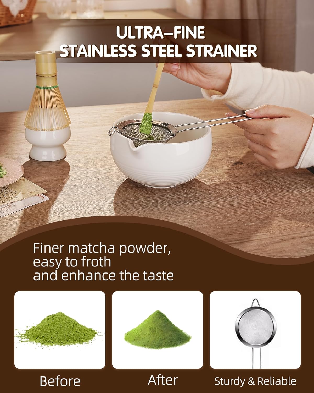 ZENS Pink Matcha Set, Matcha Whisk Set Includes 15oz Ceramic Bowl & (Chasen Holder), Bamboo Whisk & Scoop, Sifter and Pink Tea Towel, 6pcs Matcha Kit for Matcha Lovers