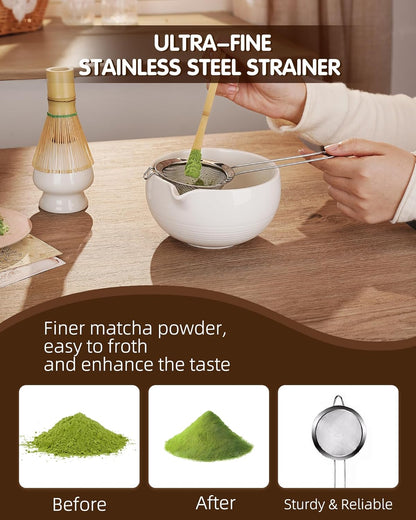ZENS Pink Matcha Set, Matcha Whisk Set Includes 15oz Ceramic Bowl & (Chasen Holder), Bamboo Whisk & Scoop, Sifter and Pink Tea Towel, 6pcs Matcha Kit for Matcha Lovers