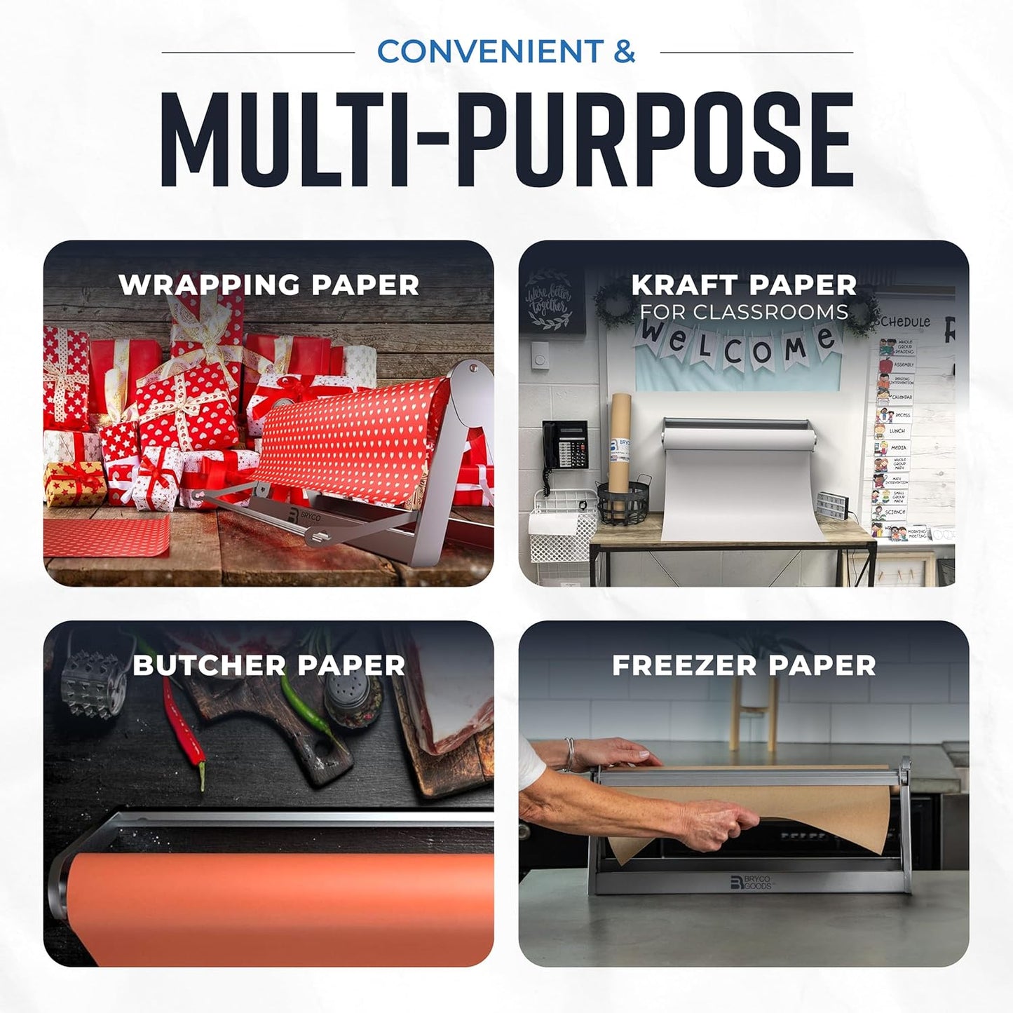 Bryco Goods - 18 Inches All Paper Roll Dispenser and Cutter Made of Heavy-Duty Steel Frame & Sharp Blade. Holds, Dispenses & Cuts. Wall Mountable & Non-Slip Tabletop. Ideal Butcher Paper Dispenser