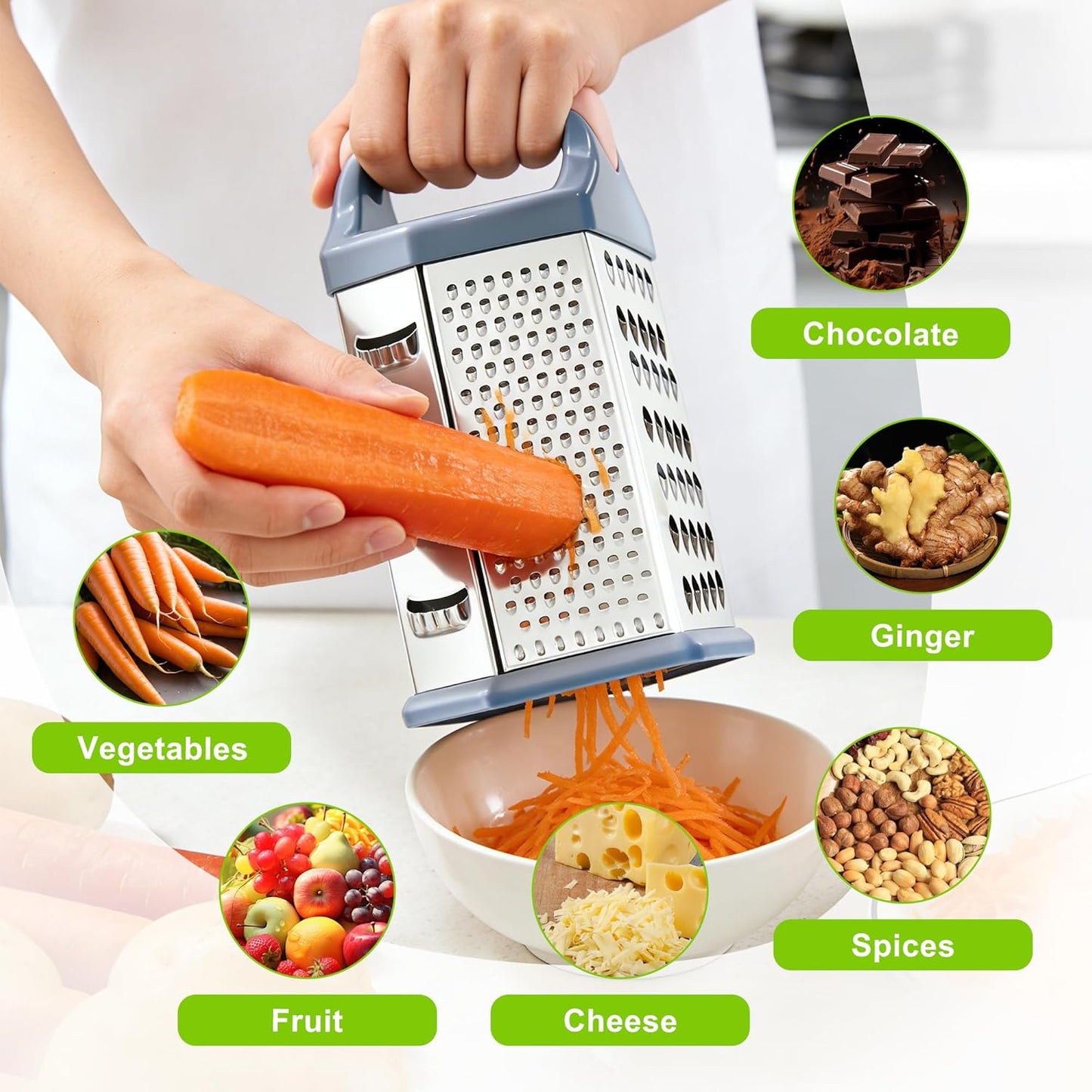 Cheese Grater, 6 Sides Box Graters for Kitchen, Stainless Steel Food Shredders for Cheese Vegetables Potatoes Carrot (Pink Handle)