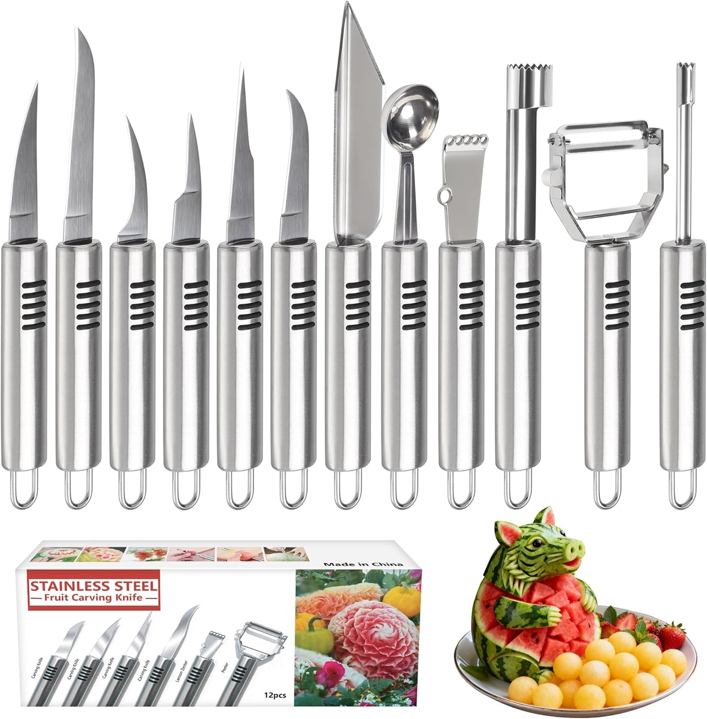BURLIHOME Stainless Steel Fruit Carving Knife Set, 6 Pack Vegetable Engraving Blades for Kitchen, Melon Baller Scoop,Lemon Zester, Garnish Peeler,Crinkle Knife,V-shape Cutter
