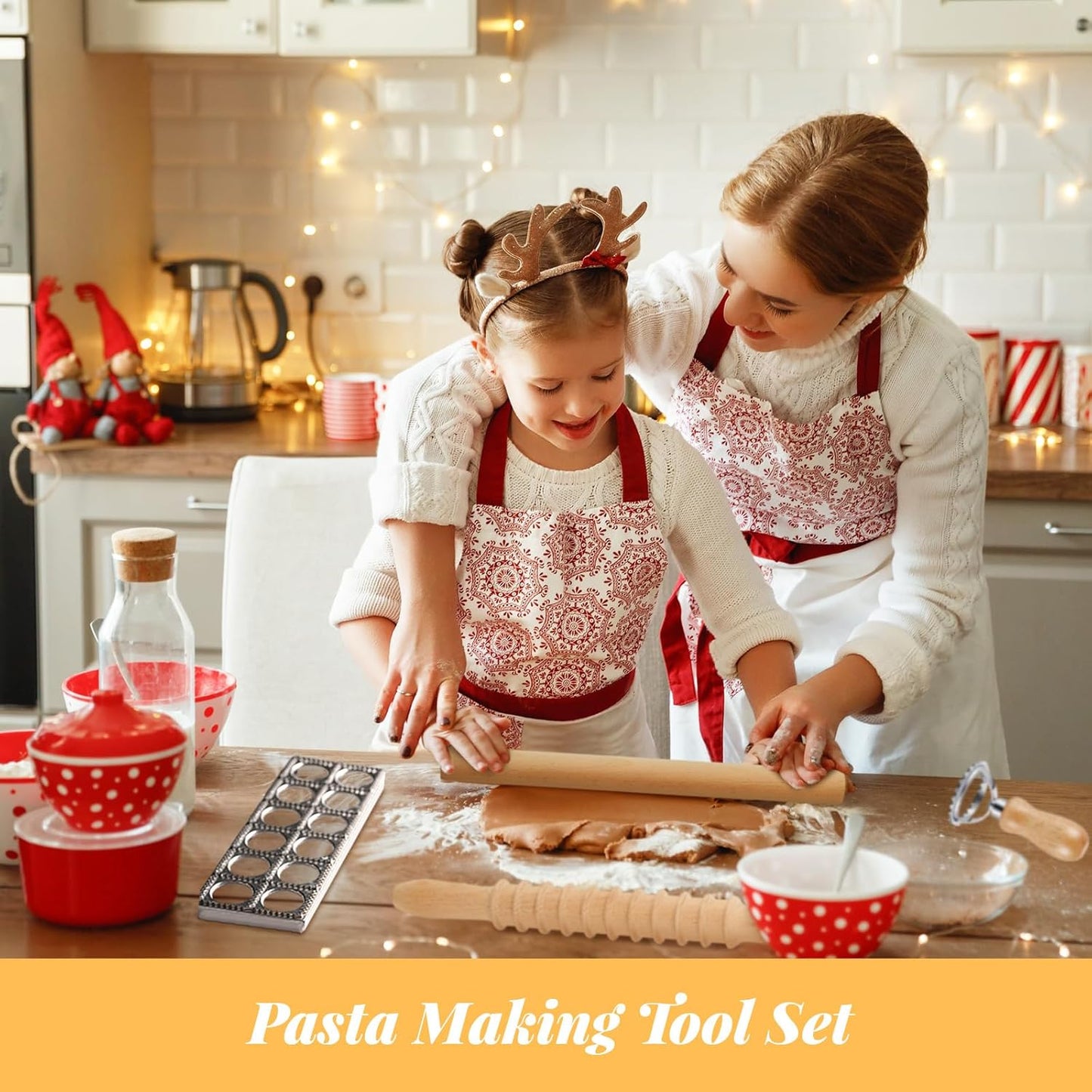 Tioncy 7 Pcs Pasta Making Tool Set Kitchen Gift, Wood Gnocchi Board with Ravioli Stamp Ravioli Maker Rolling Pin Gnocchi Garganelli Italian Pasta Tools for Beginners Home Cooks