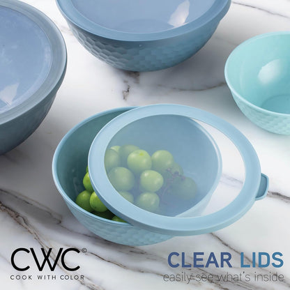 COOK WITH COLOR Mixing Bowls with Lids - 12 Piece Plastic Nesting Bowls Set includes 6 Prep Bowls and 6 Lids, Microwave Safe Mixing Bowl Set, Black Embossed - Colors A