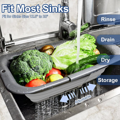 ROTTOGOON 7Qt Collapsible Colander Strainer, Expandable Over the Sink Colander, Adjustable Silicone Kitchen Sink Strainer, Foldable Large Colanders Basket to Wash Vegetable, Fruit, 15" to 19.8", Green