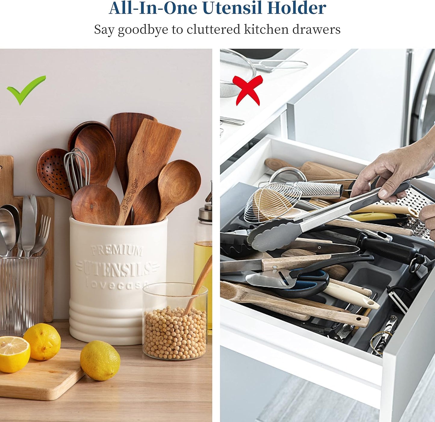 LOVECASA Utensil Holder, 7.2"+5.4" Ceramic Utensil Holder for Countertop, Large Cooking Utensil Crocks for Kitchen Counter, Farmhouse Utensil Vase for Housewarming, Kitchen Decor, Set of 2, Oasis