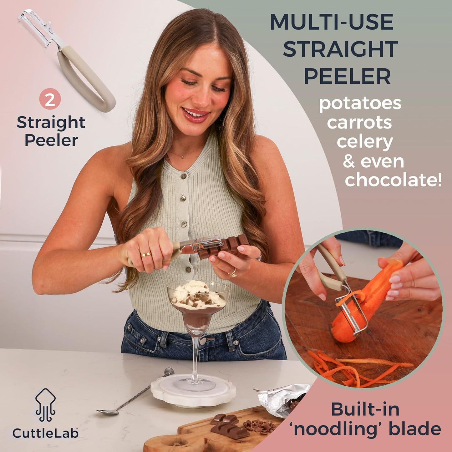 CuttleLab Vegetable Peeler Set – Serrated, Straight & Wide Blades- great apple peeler & potato peelers, Carrots, Zucchini, Cucumbers – Soft Grip Handle- Eye Remover – Dishwasher Safe (3, Country Chic)
