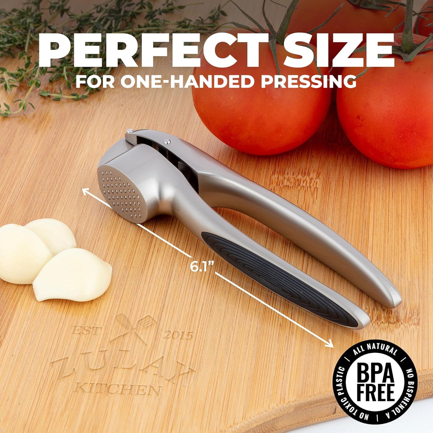 Zulay Kitchen Premium Garlic Press Set - Rust Proof Professional Garlic Mincer Tool - Easy-Squeeze, Easy-Clean with Soft, Ergonomic Handle - Silicone Garlic Peeler & Brush (Silver)