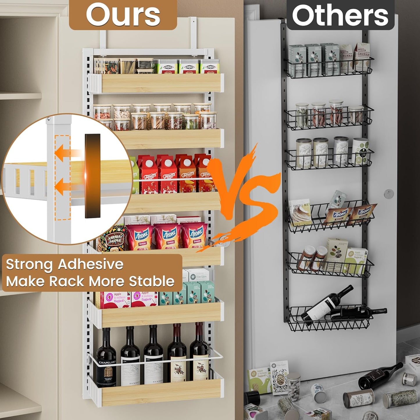 POKIPO 8 Tier Over The Door Pantry Organizer, 2 IN 1 Wall Mount or Hanging Spice Rack Seasoning Shelves with Adjustable Basket, Back of Door Organizer and Storage for Kitchen Cabinet and Room Closet