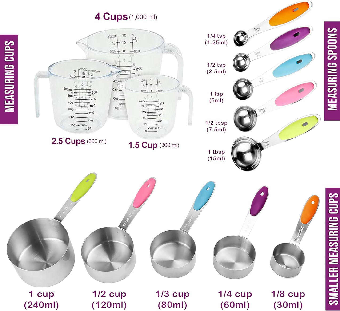 Measuring Cups and Spoons Set 11 Piece. Includes 10 Stainless Steel Measuring Spoons and Cups Set and 1 Plastic Measuring Cup. Liquid Measuring Cups Set and Dry Metal Measuring Cup Set