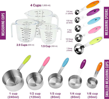 Measuring Cups and Spoons Set 11 Piece. Includes 10 Stainless Steel Measuring Spoons and Cups Set and 1 Plastic Measuring Cup. Liquid Measuring Cups Set and Dry Metal Measuring Cup Set