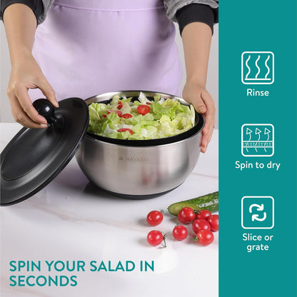 Navaris Salad Spinner with Storage Lid - Durable Stainless Steel Vegetable & Lettuce Dryer Set - Non-Slip Silicone Base - Includes Plastic Colander and Extra Storage Lid - Black