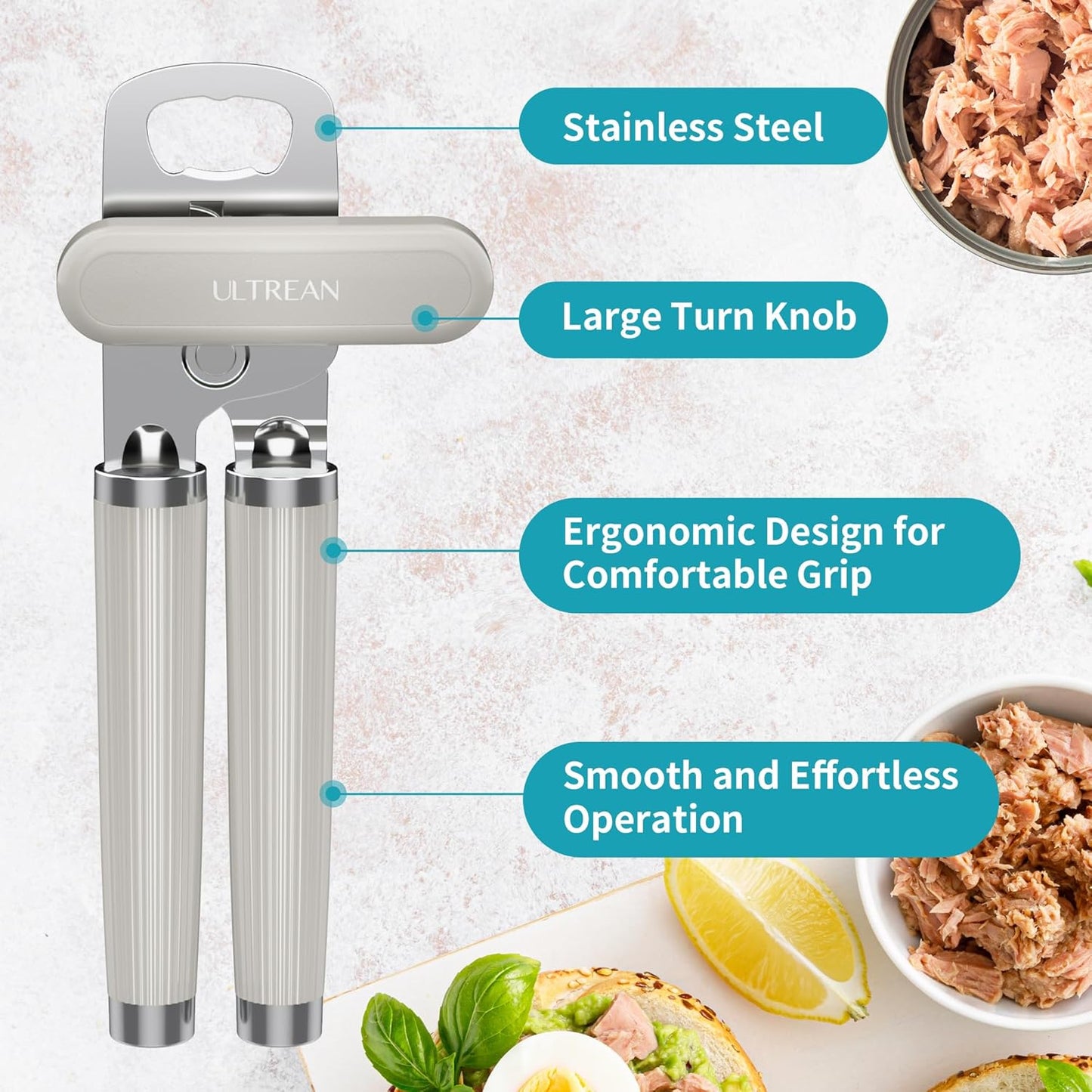 Ultrean Manual Can Opener Bottle Opener, Heavy Duty Stainless Steel Smooth Edge Manual Hand Held Can Opener With Soft Touch Handle, Rust Proof Oversized Handheld Easy Turn Knob (Black)