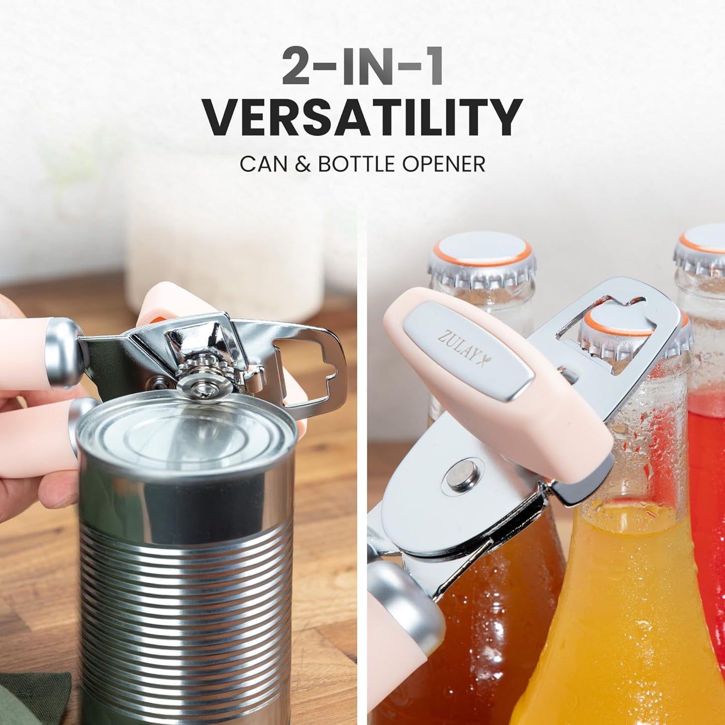 Zulay Kitchen Heavy Duty Stainless Steel Can Opener Manual with Bottle Opener - Rust Proof Manual Can Opener With Turn Knob & Comfy Soft Grip Handles - Black