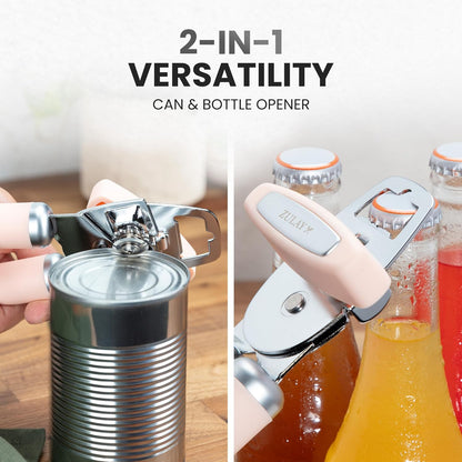 Zulay Kitchen Heavy Duty Stainless Steel Can Opener Manual with Bottle Opener - Rust Proof Manual Can Opener With Turn Knob & Comfy Soft Grip Handles - Cherry Red - Colors B