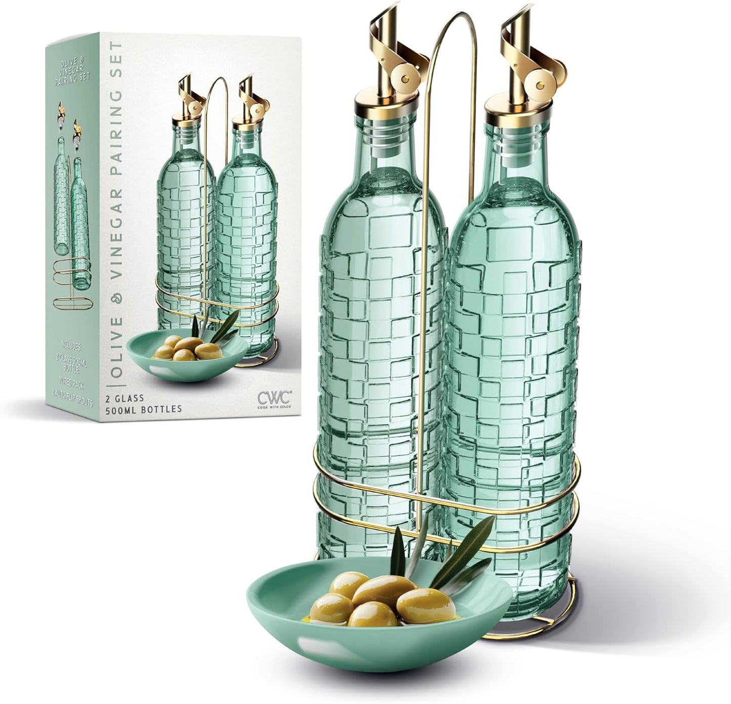 COOK WITH COLOR Glass Olive Oil Bottle Dispenser - 2 Pack- 17oz Oil and Vinegar Cruet - Olive Oil Carafe Decanter for Kitchen, Elegant Waves, Clear
