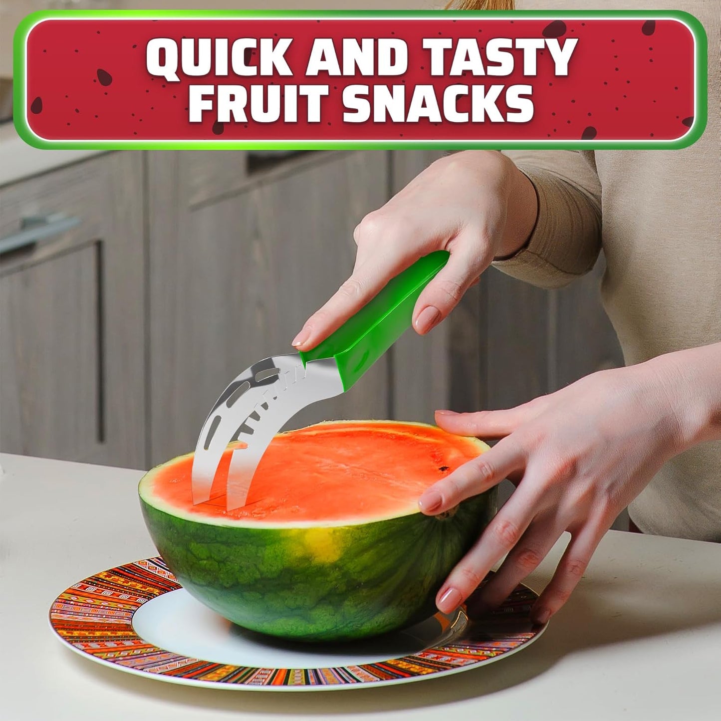 2-in-1 Watermelon Slicer Cutter Tool for 1” Cubes & Slices – Stainless Steel Watermelon Cutter Knife for Fast Fruit Cutting – Melon Slicer for Watermelon, Cantaloupe, Papaya, Honeydew, BBQ & Picnics