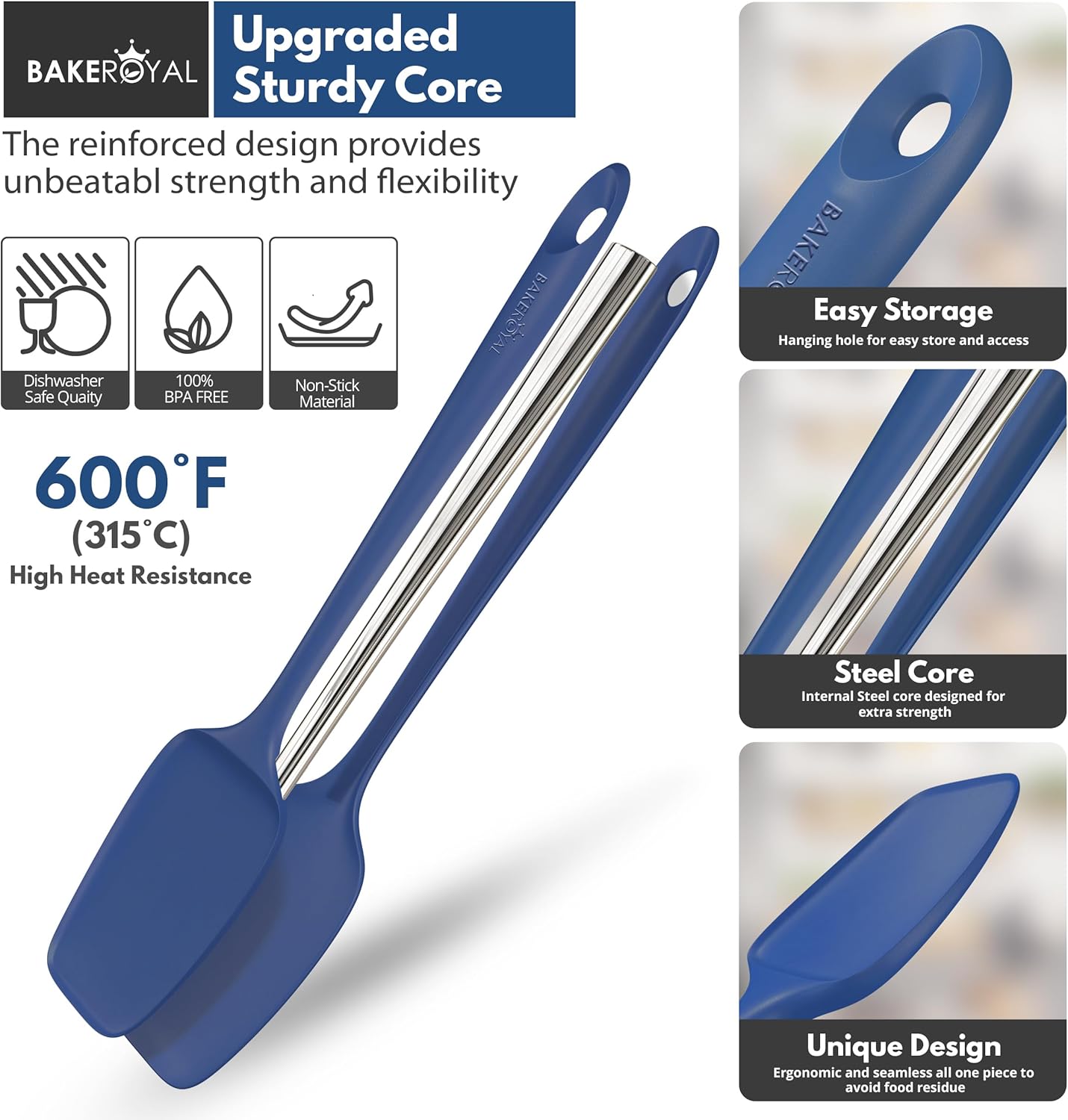 BakeRoyal Silicone Spatula Set - 4-Piece Rubber Spatulas Silicone Heat Resistant 600°F for Everyday Task - Seamless Design Kitchen Spatulas for Nonstick Cookware - Royal Blue