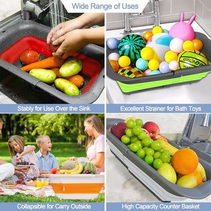 ROTTOGOON 7Qt Collapsible Colander Strainer, Expandable Over the Sink Colander, Adjustable Silicone Kitchen Sink Strainer, Foldable Large Colanders Basket to Wash Vegetable, Fruit, 15" to 19.8", Green