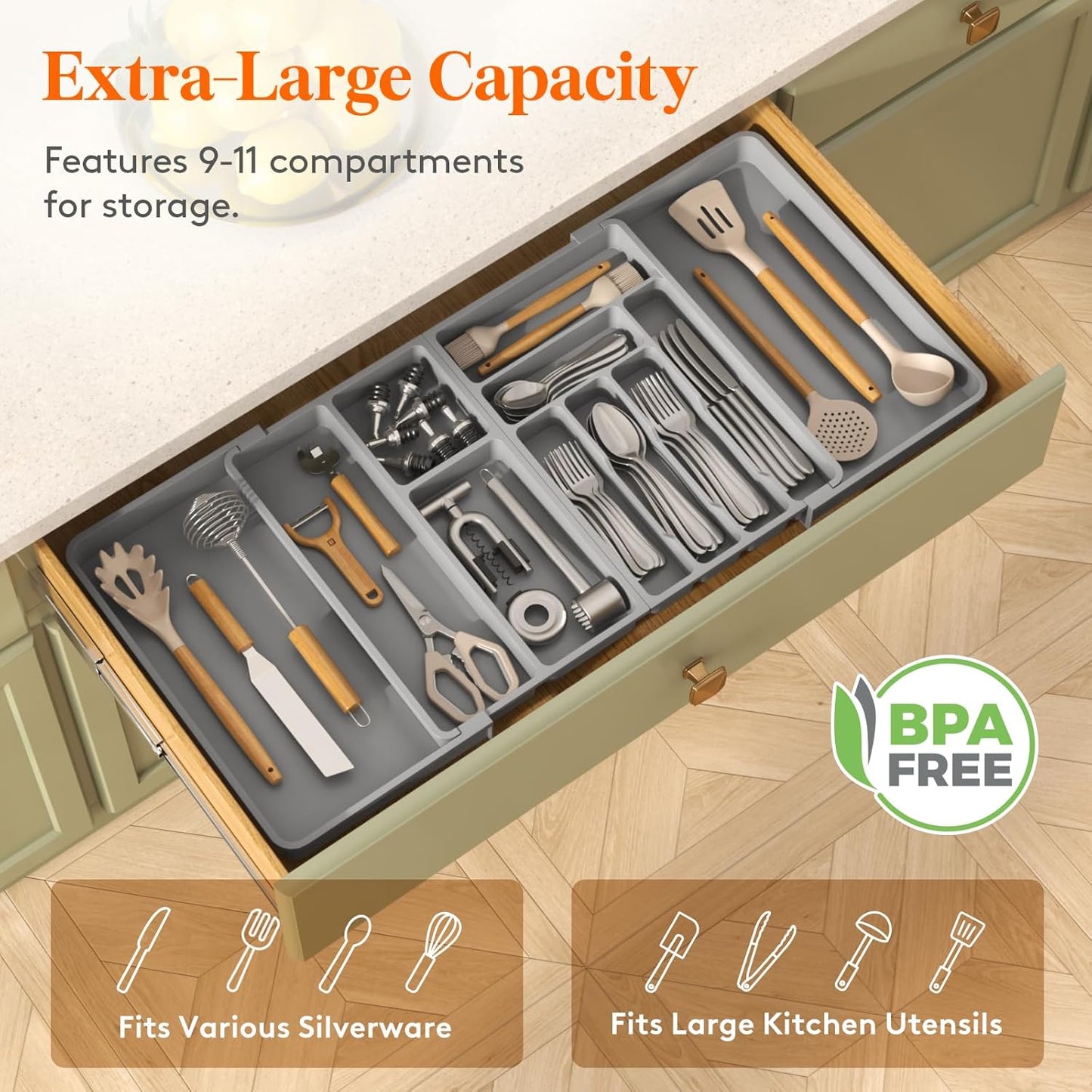 Lifewit Utensil Organizer for Kitchen Drawer, Expandable Cooking Silverware Tray, Adjustable Cutlery Flatware Holder, Plastic Spatula Tools Storage Divider, 14.4 x 15.8", Black