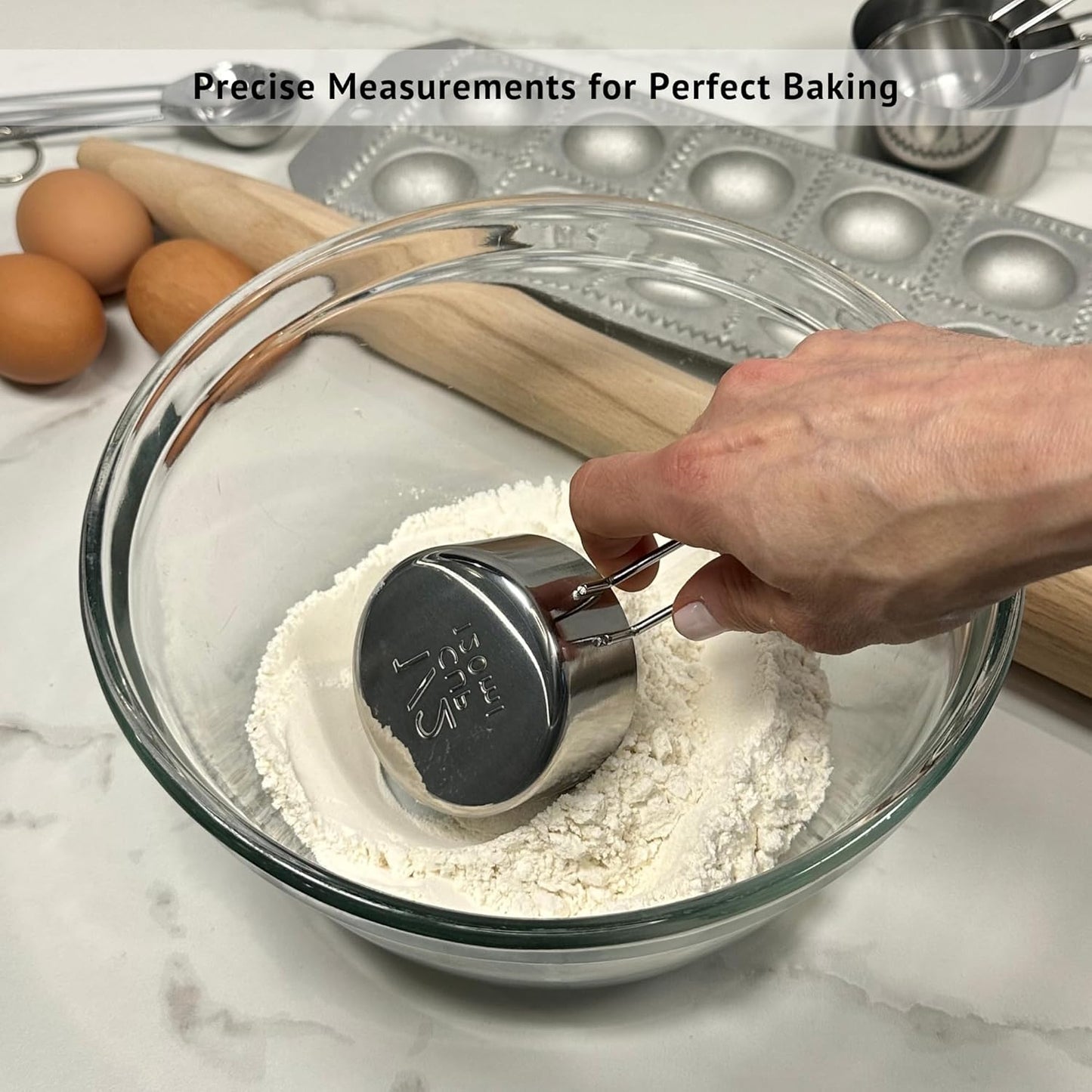 Silver Stainless Steel Measuring Cups and Spoons Set, 8 Piece, Engraved Measurements, Durable Nesting Kitchen Set