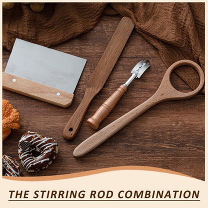 4 Pcs Sourdough Whisk Set Include Wooden Dough Whisk, Skinny Spurtle for Sourdough Starter, Doughs Scraper Cutter, Doughs Scoring Tool Blades, Danish Bread Making Tools Supplies