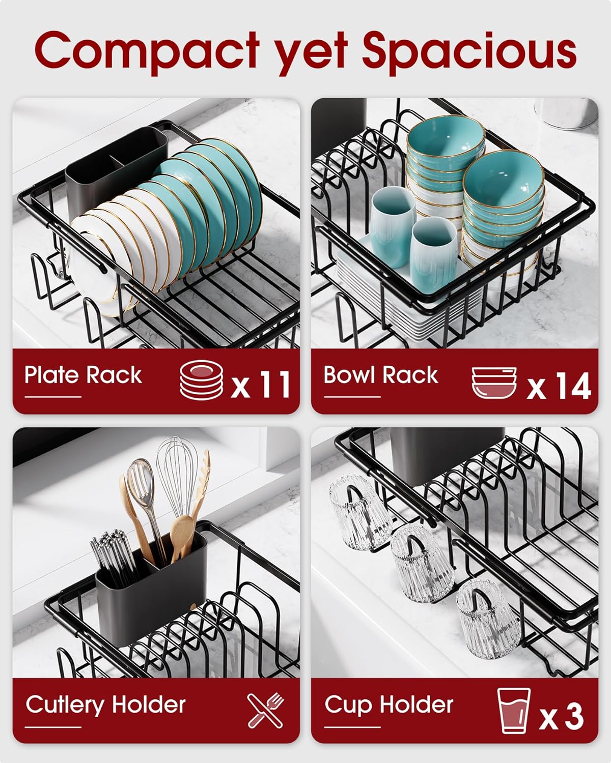 Sakugi Dish Drying Rack in Sink - Expandable Stainless Steel Dish Rack Over the Sink, Kitchen Sink Drain Strainer with Cutlery Holder & Cup Holders, 15.4 x 9.8 x 3.0 Inch, Silver