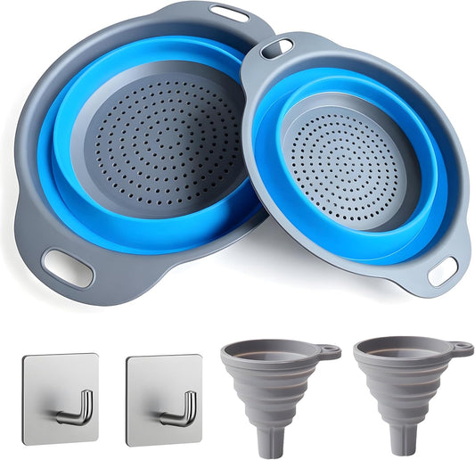 Collapsible Colander Set with 2 Stainless Steel Hooks & 2 Silicone Funnels, Foldable Kitchen Strainer Basket for Pasta and Vegetables, Space Saving RV & Camping Kitchen Accessories – Blue