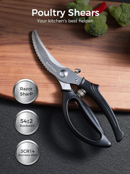 Poultry Shears, Heavy Duty Kitchen Shears With Anti-Slip Handle & Safety Lock, Poultry Scissors for Meat, Chicken, Bone,Turkey, Fish, Spring Loaded, Dishwasher Safe