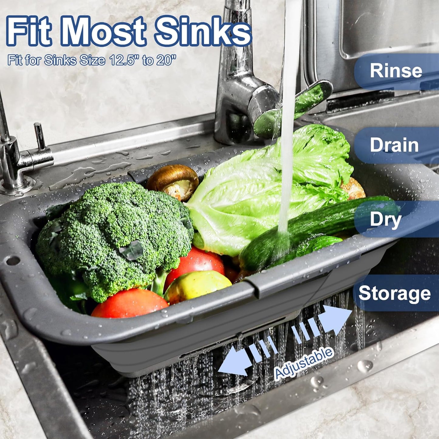 ROTTOGOON 7Qt Collapsible Colander Strainer, Expandable Over the Sink Colander, Adjustable Silicone Kitchen Sink Strainer, Foldable Large Colanders Basket to Wash Vegetable, Fruit, 15" to 19.8", Green