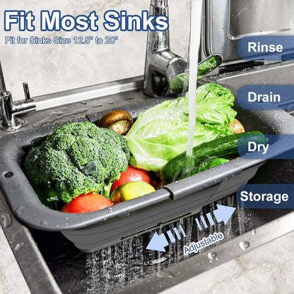 ROTTOGOON 7Qt Collapsible Colander Strainer, Expandable Over the Sink Colander, Adjustable Silicone Kitchen Sink Strainer, Foldable Large Colanders Basket to Wash Vegetable, Fruit, 15" to 19.8", Green
