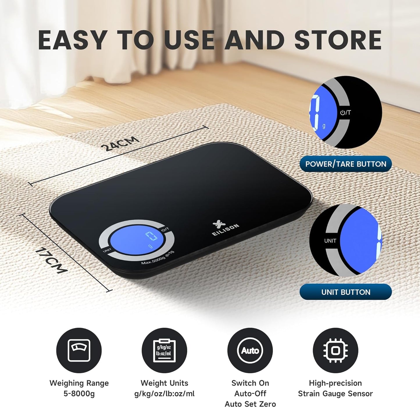 EILISON Smart Kitchen Scale with Bluetooth App, High-Precision Digital Food Scale for Baking, Cooking & Diet, 8000 Food Database, 24 Nutrients, Touchscreen, Tare Function, 5g-8000g Capacity (Red)