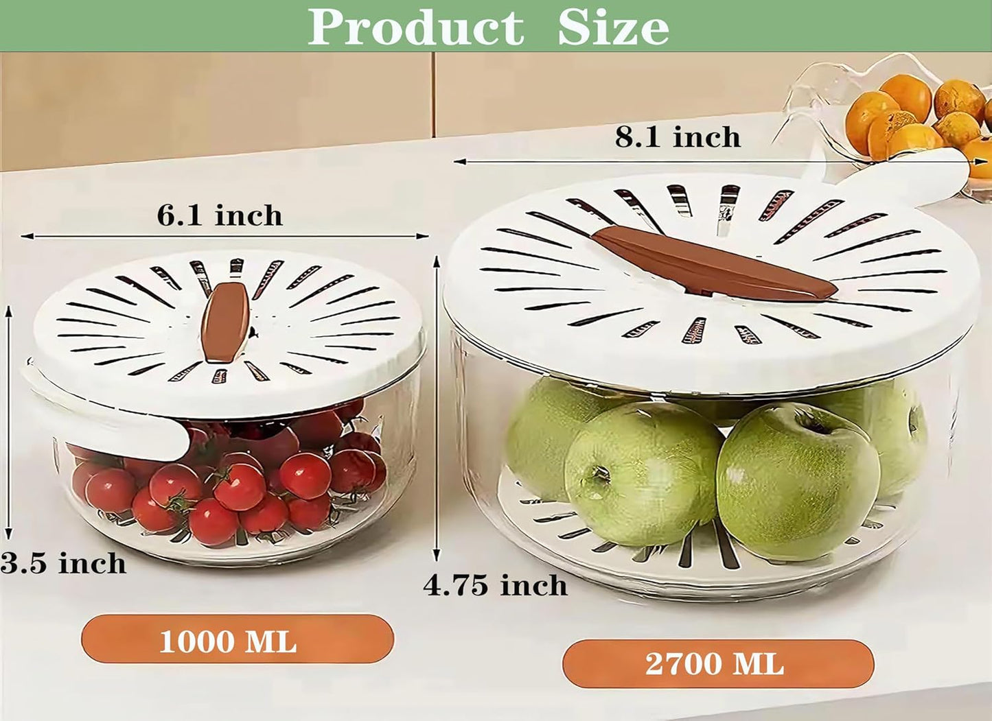 2 in 1 Fruit Vegetable Washing Bowl with Strainer, 1 QT Multipurpose Drain Basket with Lid & Foldable Handle, Fruit Strainer Container for Kitchen, Fridge, Picnics, Apartment, BPA-Free Material