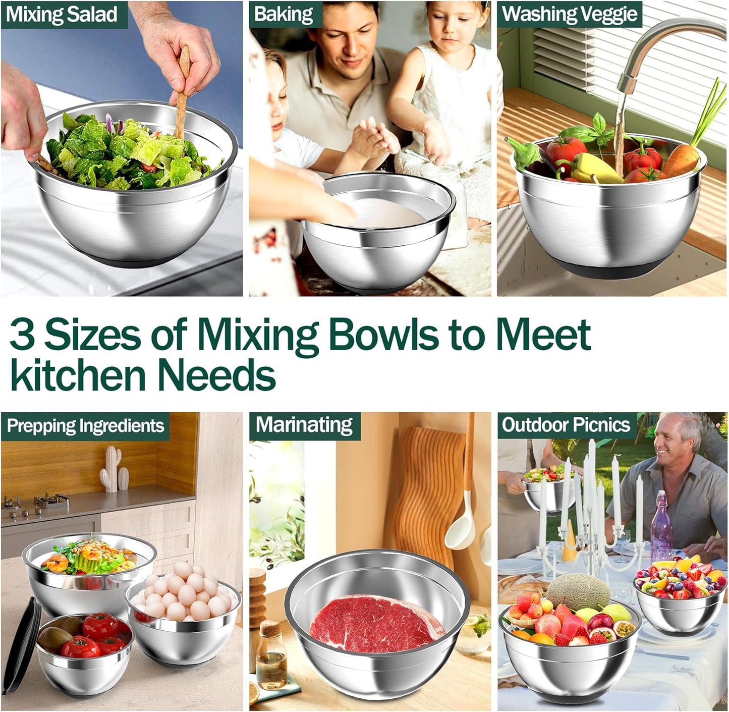 Nicdiet Mixing Bowls with Airtight Lids, Stainless Steel Mixing Bowl Set with 3 Metal Nesting Bowls, Colander & Grater, Non-Slip Bottoms, Size 1.5, 2.5, 5 QT, Great for Mixing & Serving, Khaki