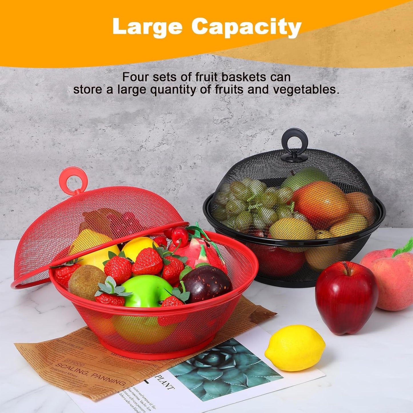 4 Pcs Mesh Food Cover with Lid, 10 Inch Iron Fruit Basket Fly Proof Strainer, Black and Red Metal Wire Container for Kitchen Countertop, Restaurant, Fruit Vegetable Storage