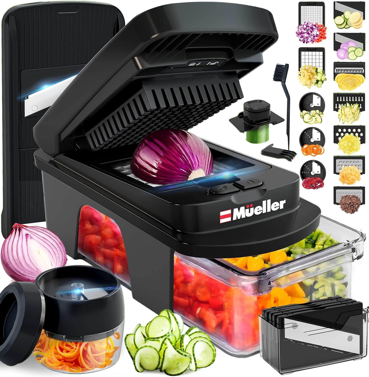 Mueller Pro-Series 10-in-1, 8 Blade Vegetable Chopper, Onion Mincer, Cutter, Dicer, Egg Slicer with Container, French Fry Cutter Potato Slicer, Home Essentials, Salad Chopper White Sand/Green