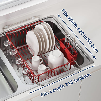 JASIWAY Roll Up Dish Drying Rack, Expandable (12.8"-23.8" D x 12.8" W) Stainless Steel Portable Drainer for Kitchen Sink Counter, Foldable Over The Sink Cover with Removable Utensil Holder