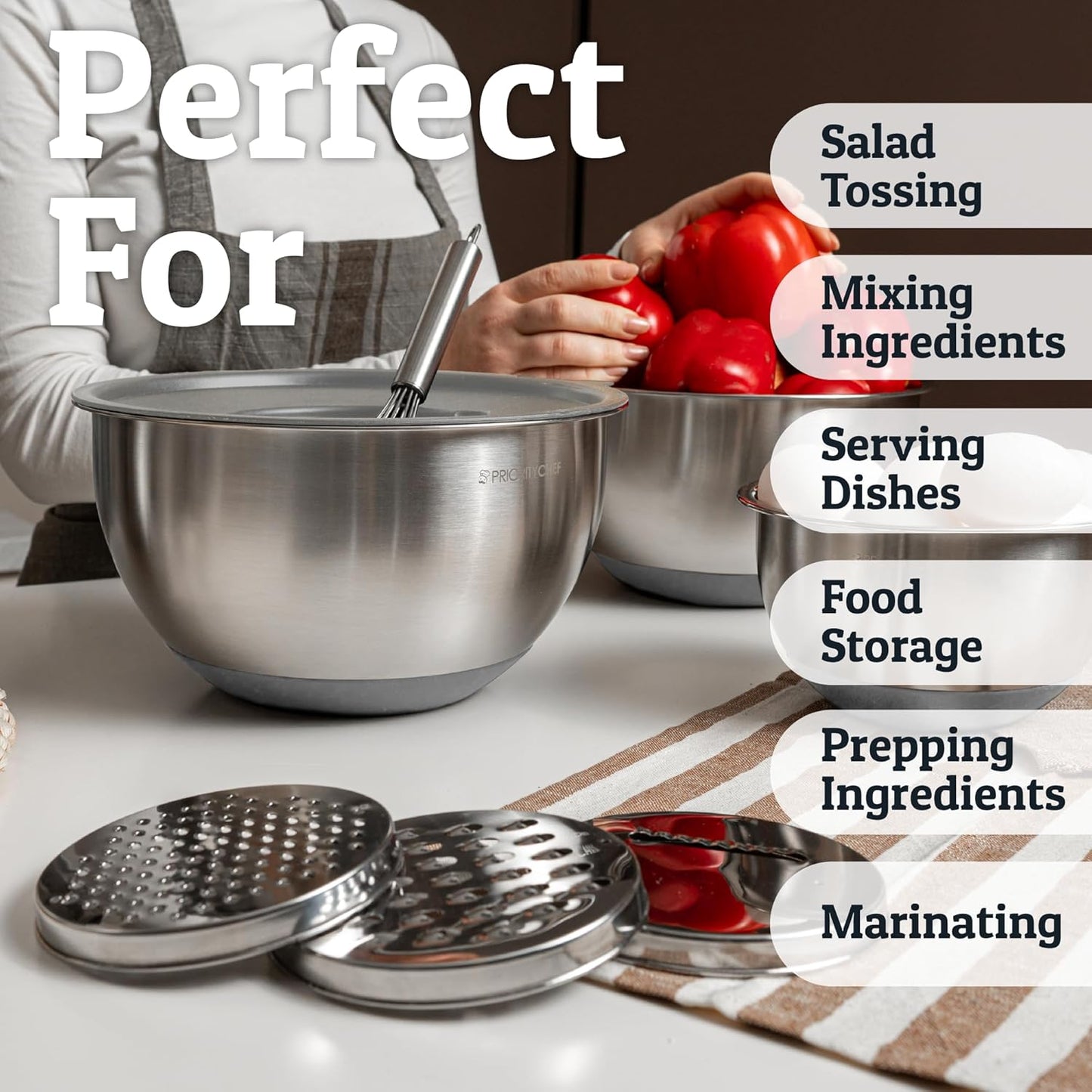 Priority Chef Stainless Steel Mixing Bowls with Lids Set, 3 Grater Attachments, Airtight Lids, Non-Slip Silicone Base Mixing Bowl Set, Large Prep Metal Mixing Bowls for Kitchen, Black