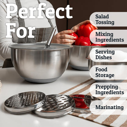 Priority Chef Stainless Steel Mixing Bowls with Lids Set, 3 Grater Attachments, Airtight Lids, Non-Slip Silicone Base Mixing Bowl Set, Large Prep Metal Mixing Bowls for Kitchen, Black