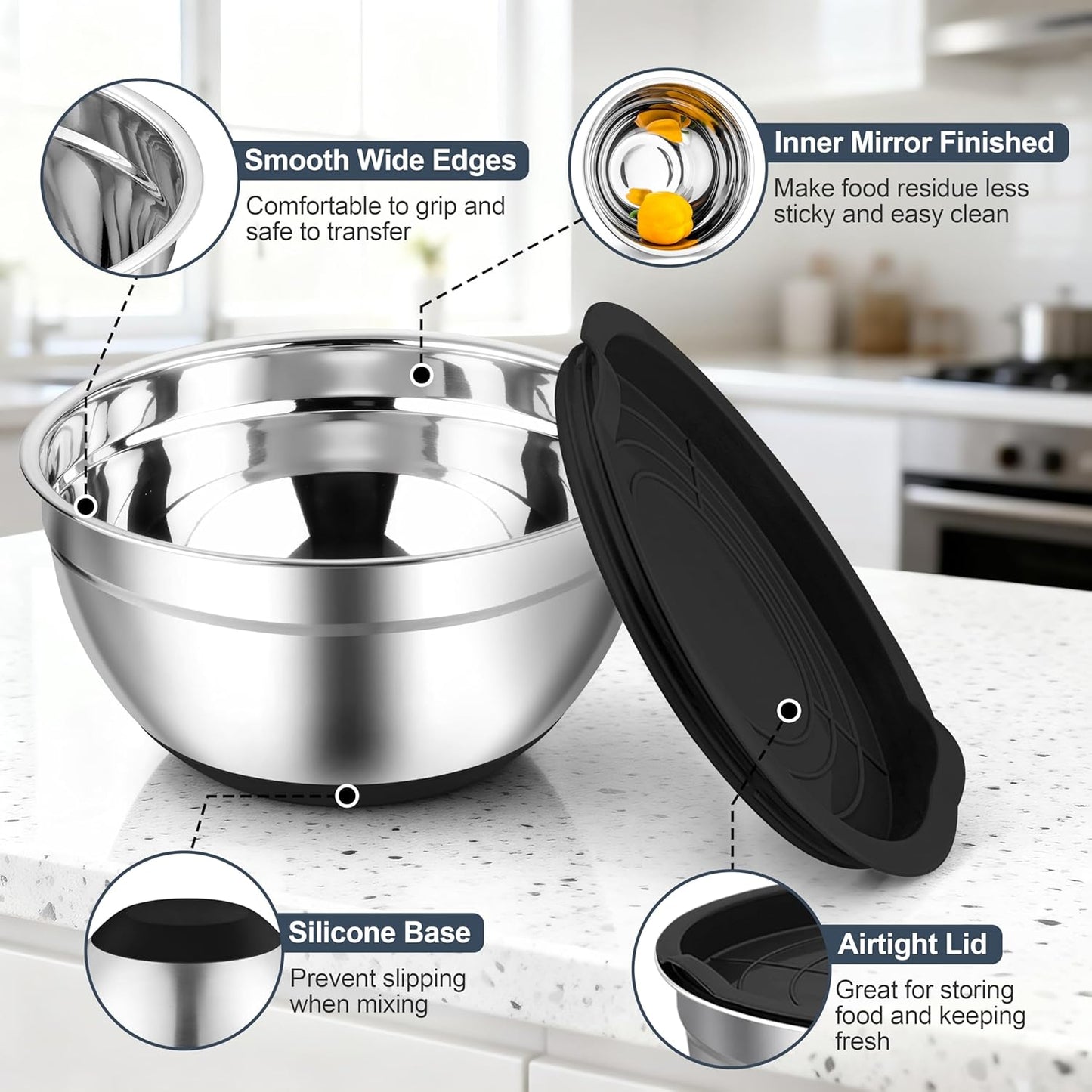TeamFar Mixing Bowls, Black Mixing Bowls with Lids Set, Stainless Steel Nesting Salad Bowl with Air-tight Lid & Silicone Bottom, Non Slip & Stackable - Set of 6-4.6/2.6/2 / 1.5/1 / 0.7 Qt
