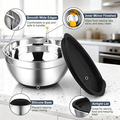 TeamFar Mixing Bowls, Black Mixing Bowls with Lids Set, Stainless Steel Nesting Salad Bowl with Air-tight Lid & Silicone Bottom, Non Slip & Stackable - Set of 6-4.6/2.6/2 / 1.5/1 / 0.7 Qt