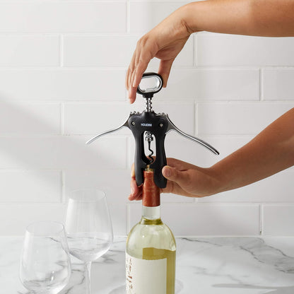 Houdini Wing Corkscrew Wine Bottle Opener, Stainless Steel Non-Stick Spiral, Dishwasher Safe, Clamps Securely onto Bottle, Will Not Crumble Corks