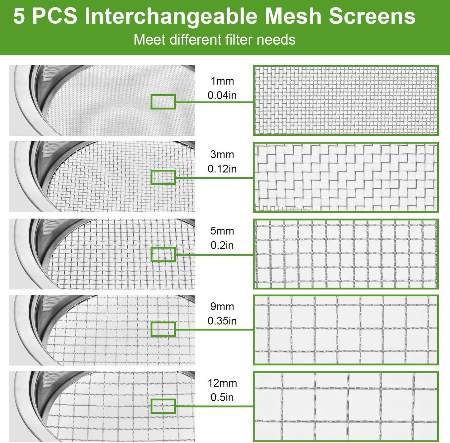 Soil Sieve Sifter Set Stainless Steel,Garden Sieve Set with 3 Interchangeable Mesh 1,3,5mm,Sifting Screen for Dirt, Sand, Rock, Filtration, Compost, with Soil Scoops Gardening Tool